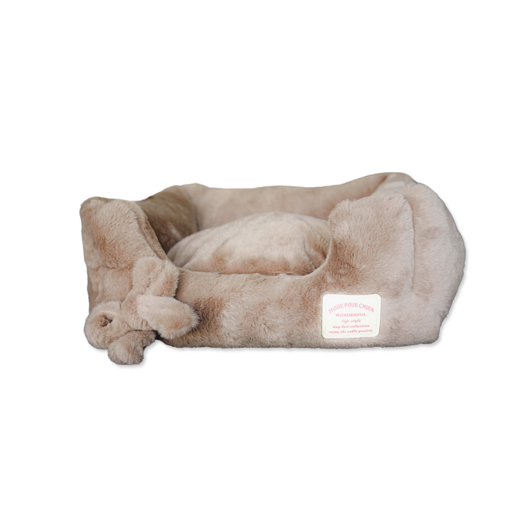 Sandstone colour square dog bed with bow